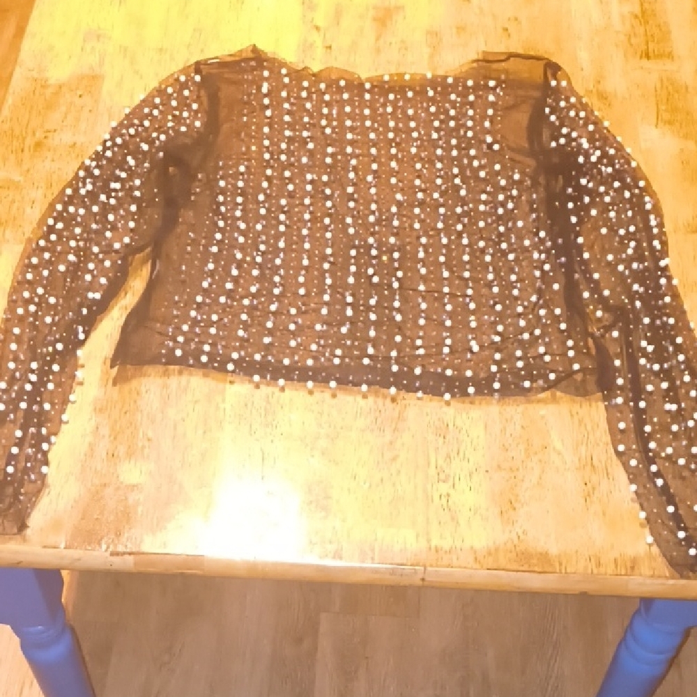 Elegant Sheer Black Top with Pearl Accents